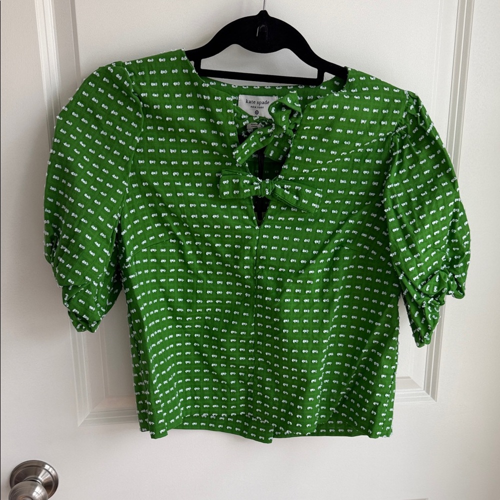 kate spade Bright Green Printed Tie-Neck Puff Sleeve Blouse